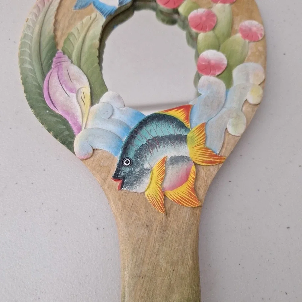 Vtg Tropical Fish Underwater Solid Wood Carved Handheld Mirror INDONESIA 14